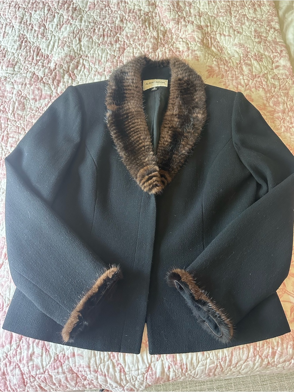 Albert Nipon Black Wool Blazer with Brown Fur Trim